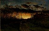 Edward Mitchell Bannister sunset with quarter moon and farmhouse painting